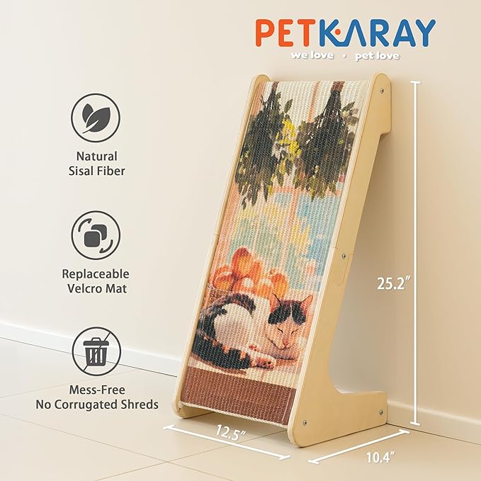 PETKARAY Art Cat Scratcher, 25.2" Sisal Scratching Ramp, L Shaped Scratch Pad for Indoor Cats, Oil Painting Cat Scratching Post
