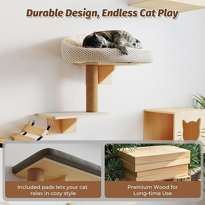 COZIWOW Cat Wall Shelves, 8-In-1 Cat Wall Furniture Set, Wood Large Cat Shelves for Wall with Scratching Post, Indoor Cat Climbing Wall Activity Center for Climb, Play, Rest, and Scratch, Natural Wood