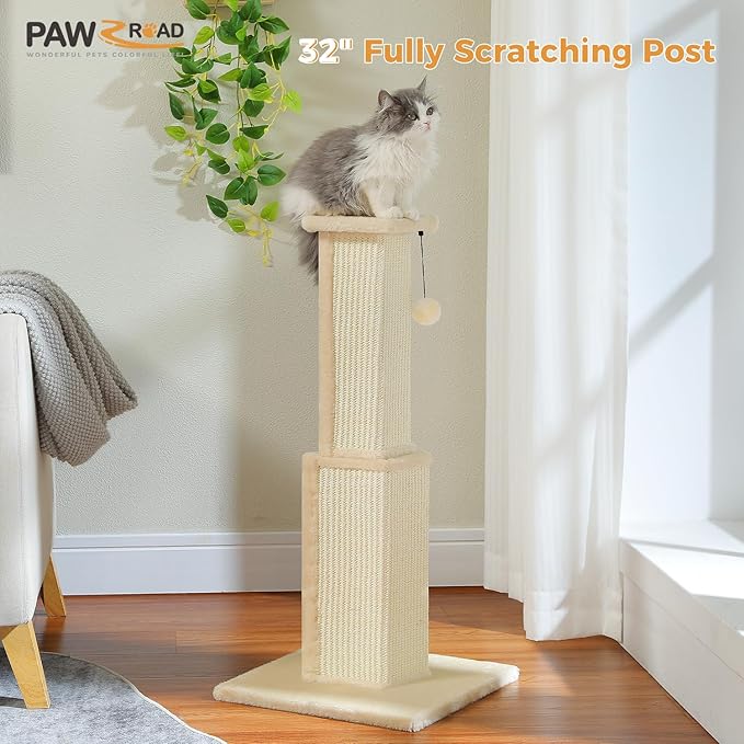 PAWZ Road Large Cat Scratching Post 32” Tall Scratching Post for Indoor Cats Adults Ultimate Scratch Post with Woven Sisal, Large Base and Removable Dangling Ball- Beige