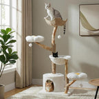 59" Modern Cat Tree Tower for Large Cats w/2 Flower Perches-Natural Solid Wood Scratching Post with Real Branch-Luxury Boho Cat Furniture w/Condo & Wicker Basket Bed, Cloud White