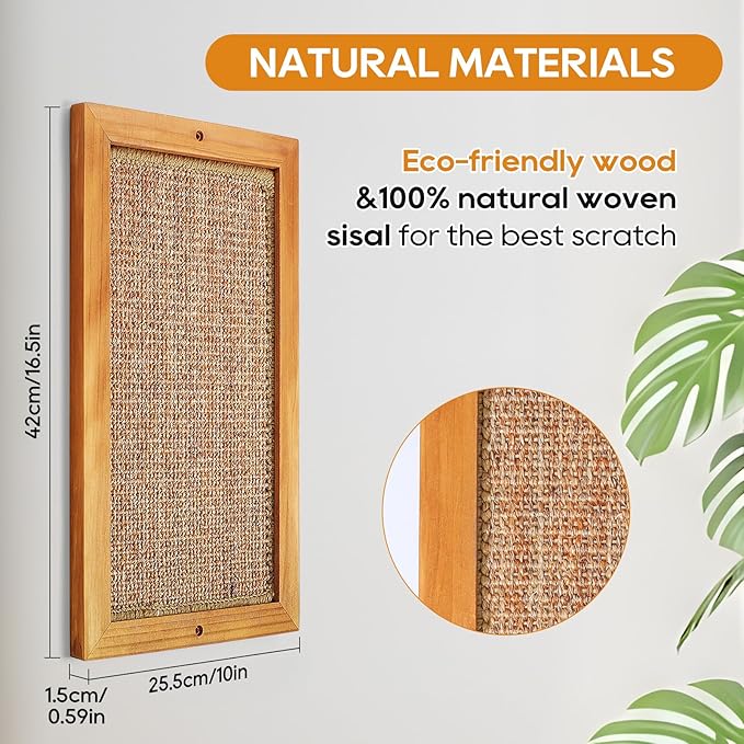 Large Cat Scratching Post for Indoor Cats - Wooden Sisal Cat Wall Scratcher, Vertical Floor or Wall Mounted Cat Scratch Pad, Furniture Protector for Adult Cats & Kittens