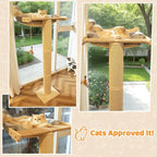 54.3" Cat Window Perch with 3 Adjustable Roman Column Sisal Posts, Gray Rabbit Fleece Cushions, Drill-Free Suction Cups, Multi-Level Bird Watching Perch, 60 lbs Capacity