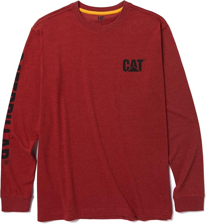 Caterpillar Trademark Banner Long Sleeve Tee Shirts for Men with Center Back Neck Wire Management Loop and Cat Workwear Logo