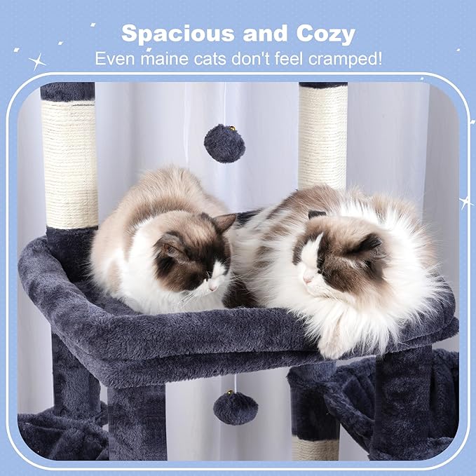Hey-brother Cat Tree Tower, Scratching Posts with Extra Large Platform, Specious Condo, 2 Cozy Hammocks, Self-Grooming Brush for Indoor Adult Cats, Maine Coon 51.1 inches, Smoky Gray MPJ070G