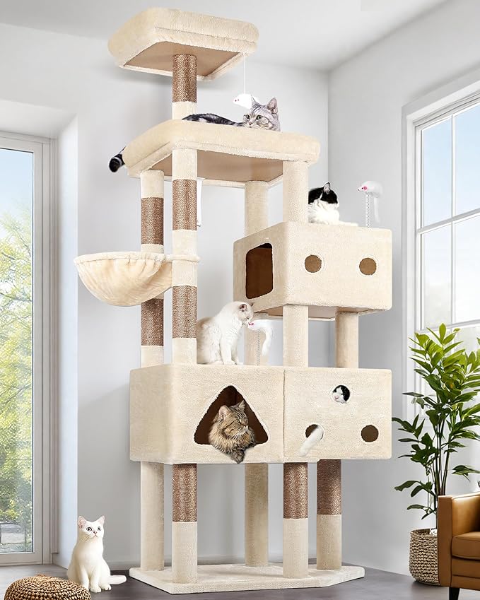 Globlazer Extra Large Cat Tower, 81-inch Tall Cat Tree for Big Cats 20 lbs, XXL Heavy Duty Cat Scratching Tower for Indoor Adult Cats with 3 Cat Condos, 8 Scratching Posts, F81, Beige