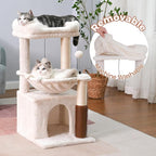 Cat Tree 32 Inches Small Cat Tree for Large Cats Adult Cat Tower with Scratching Post,15.7”Large Hammock and Self Groomer, and Removable Top Perch and Wide Condo for Indoor Cats-Beige