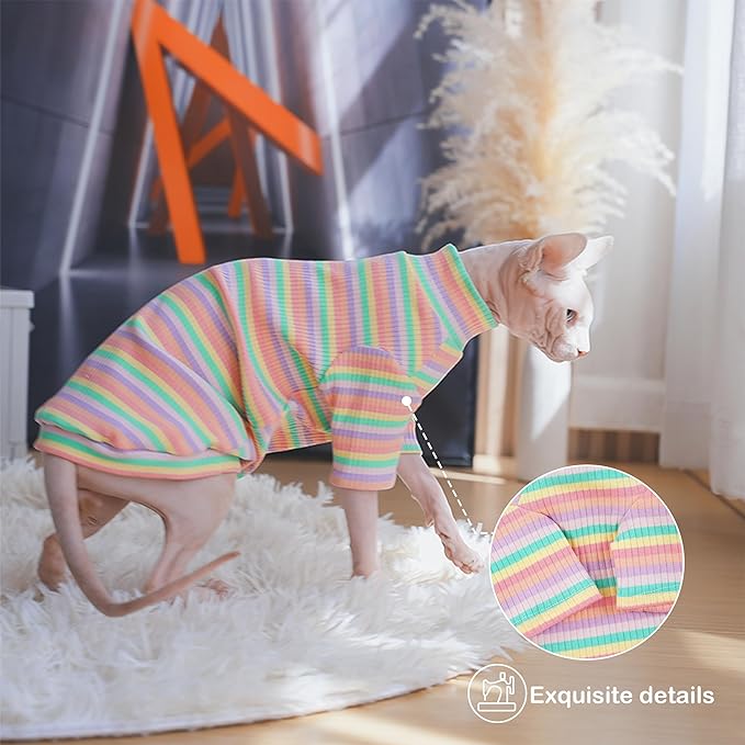 PUMYPOREITY Sphynx Cat Clothes - Soft Hairless Shirt With Sleeves, Stretchy Sweater, Pullover Pajamas Jumpsuit, Turtleneck Outfit for Sphynx Cornish Rex, Devon Rex - Rainbow, L