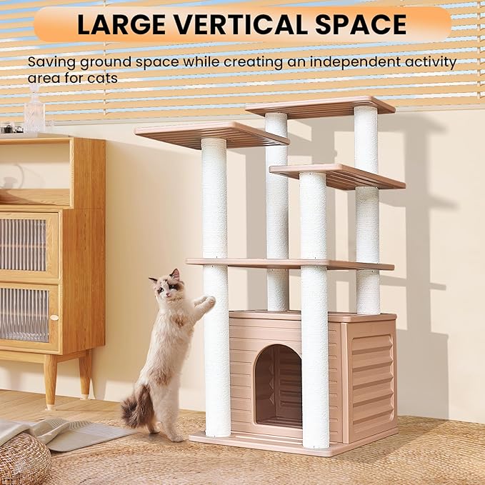 46” Indoor and Outdoor Cat Tree Tower, Cat House for Outdoor Cats, Weatherproof Cat Condo with Scratching Posts