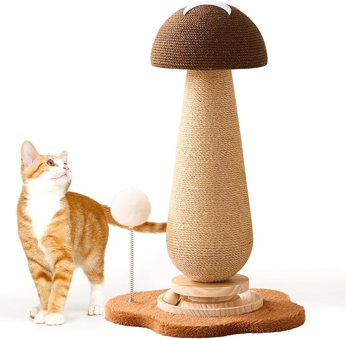 Mushroom Cat Scratching Post Cat Tree, 21.5‘’ H Cute Cat Scratcher Tower with Durable Solid Wood Turntable Toy, Acorn Brown Mushroom Scratch Post Cat Sisal Scratcher with Catnip for Indoor Cats