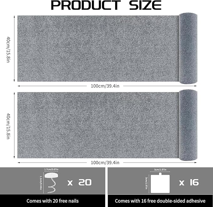 2 Pcs Total 78.8"x15.8" Cat Scratch Mat, Cat Scratch Couch Furniture Protector, Trimmable Self-Adhesive Cats Scratch Pads, DIY Cat Scratcher for Wall Protector and Covering Cat Tower (Light Grey)