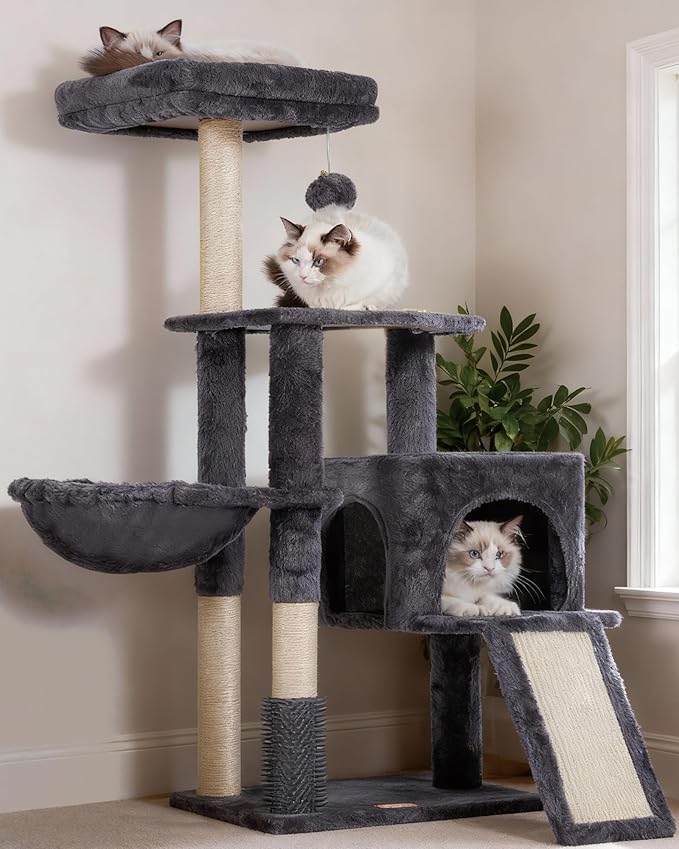 Heybly Cat Tree with Cat Self Groomer Brush, Cat Tower Condo for Indoor Cats with Padded Plush Perch, Cat House with Basket Scratching Board Post, Smoky Gray HCT005SG