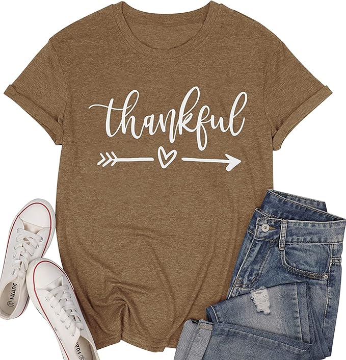 NIUBIA Women's T Shirts Summer Tops Simple Heart Graphic Shirts Sayings Short Sleeve Vacation Casual Blouse Thankful Tee