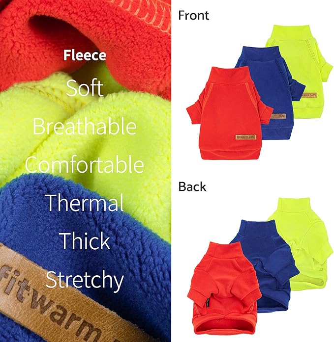 Fitwarm 3 Pack Classic Fleece Dog Sweater, Winter Clothes for Small Dogs Boy Girl, Turtleneck Dog Sweatshirt, Pet Apparel, Orange Red, Royal Blue, Neon Yellow, Small