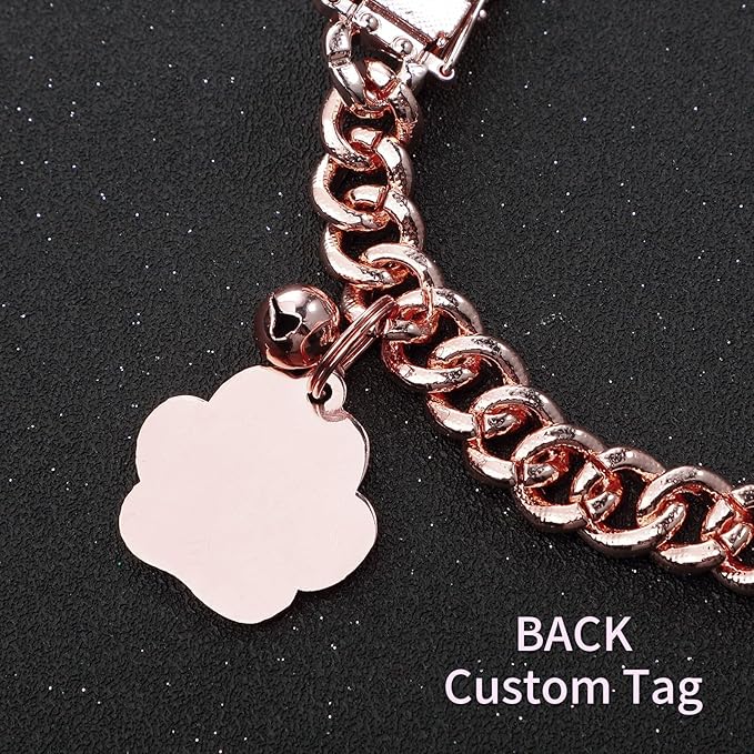 Hillban Cat Collar Diamond Chain Glitter Collar Walking Metal with Secure Buckle Cat Pet Necklace with Paw Charm and ID Tag Bell Link Cuban Jewelry Accessories Gift(10 Inch,Rose Gold, Pink)
