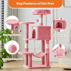 Sweetcrispy 44 Inch Cat Tree Tower, Cat Climbing Tower with Natural Sisal Scratching Posts, Hammock, Pet Condo for Indoor Cats and Kittens Play, Pink