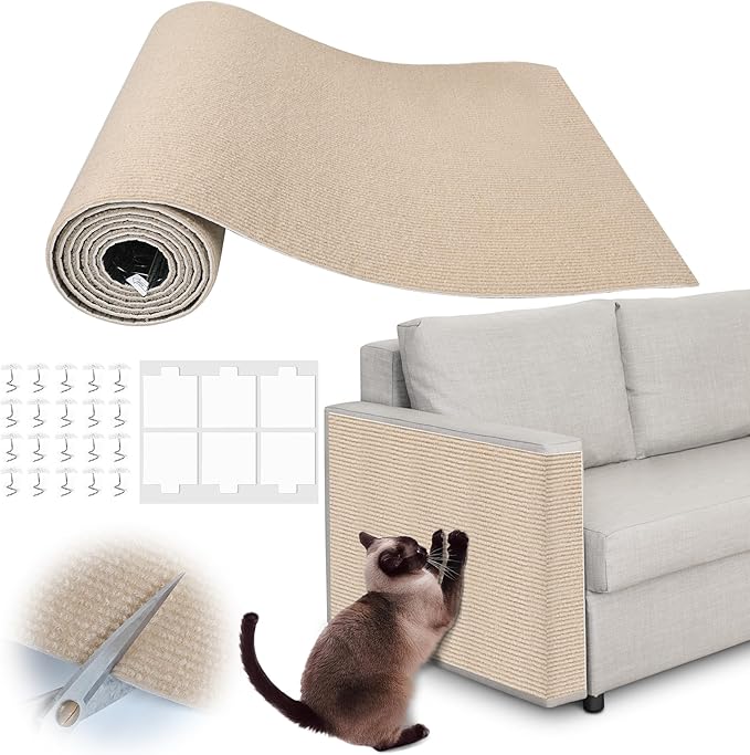 Cat Scratch Furniture Protector - 158" x 13.8" Trimmable Self-Adhesive Cats Claws Scratch Pads, DIY Cat Climbing Couch Protector for Scratch Post Cat Tree Replacement Indoor (Khaki)