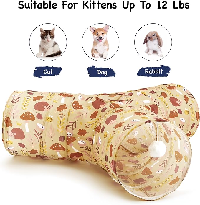 Tempcore Pet Cat Tunnel Tube Cat Toys 3 Way Collapsible, Cat Tunnels for Indoor Cats，Kitty Tunnel Bored Pet Toys Peek Hole Toy Ball Puppy, Kitty, Kitten, Rabbit Khaki Hedgehog