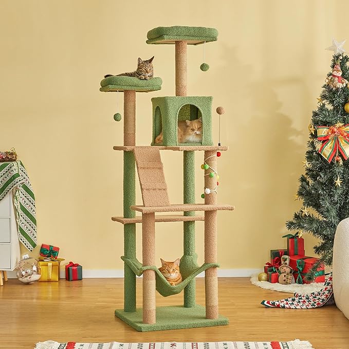 MWPO 70.1-Inch Green Large Cat Tree, Multi-Level Tall Cat Tower for Indoor Cats, Plush Cat Condo with Big Padded Perches, Sisal-Covered Scratching Posts, Hammock, Toys for Kittens & Cats