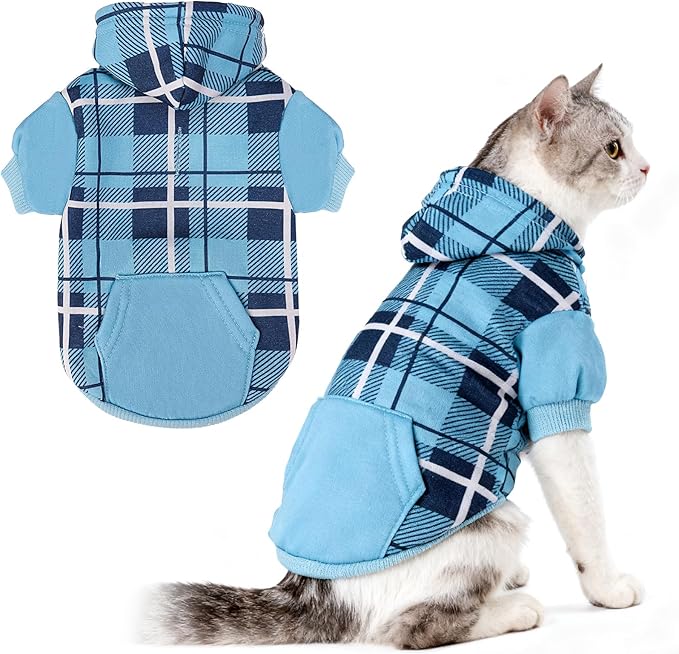 EXPAWLORER Plaid Cat Hoodie - British Style Warm Cat Sweater Shirt with Leash Hole,Pet Clothes Outfits,Winter Coat Apparel for Puppy Cats Girl Boy-Kitten Apparel,Blue M