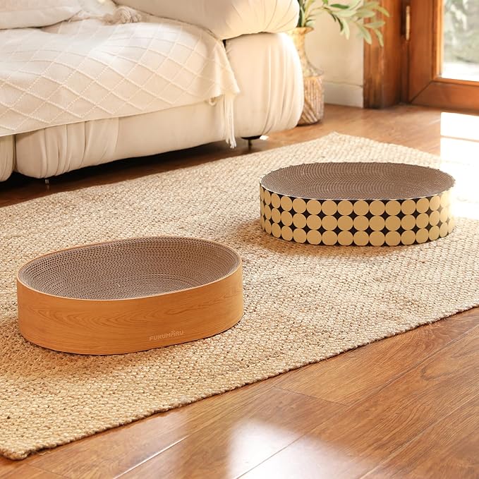 FUKUMARU Cat Scratcher Cardboard Lounge Bed, 2-in-1 Cat Scratch Pad, Oval Cats Scratching Board Indoor, Durable Modern Kitty Scratcher Bowl, Cats Scratch Furniture Protector, Polka Dot