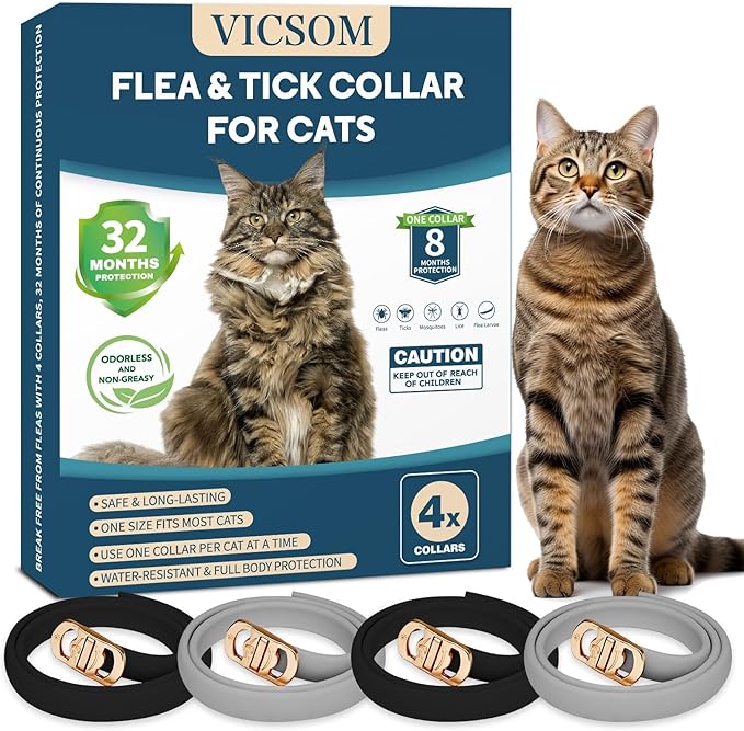 VICSOM 4 Pack Flea and Tick Collar for Cats, 32 Months Treatment Prevention, Waterproof Adjustable Kitten Collar, Black Grey