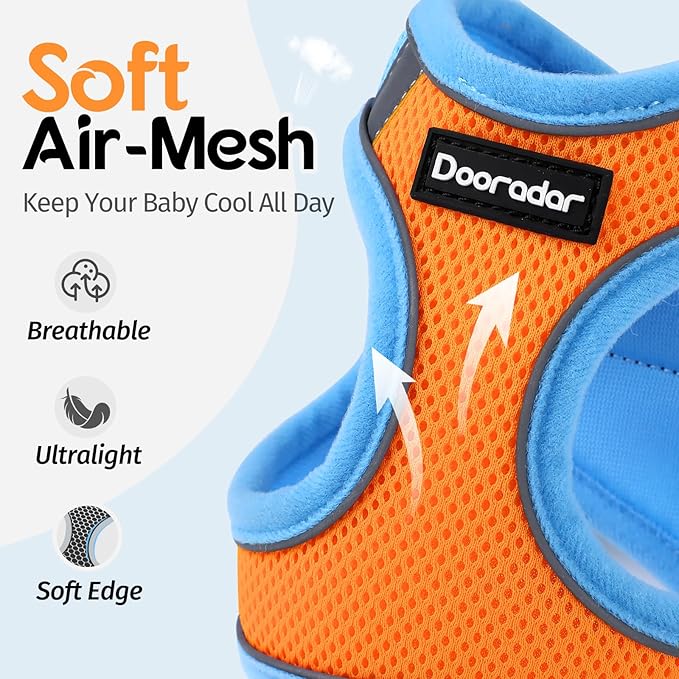 Dooradar Cat Harness and Leash Set, Escape Proof Lightweight Kitten Harness, Soft Breathable Reflective Vest for Outdoor Walking Traveling, Adjustable for Medium Cats, Orange & Blue, M