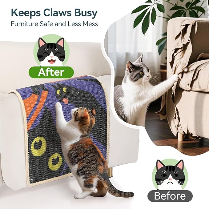 3-in-1 Sisal Cat Scratcher Mat 23.6x15.7'' Protects Carpet Couch & Furniture with Sticker Tape, Floor & Wall Cat Scratching Pad, Anti-Slip, Durable for Indoor Outdoor Cats (Royal Purple)