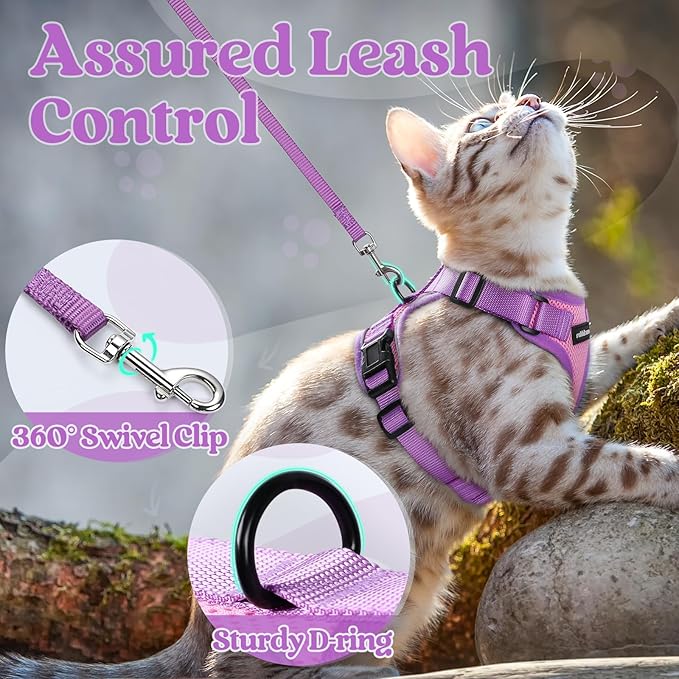 rabbitgoo Cat Harness and Leash Set, Escape Proof Soft Adjustable Vest Harnesses for Outdoor Walking, Easy Control Breathable Kitten Jacket with Reflective Strips, Pink & Purple, S