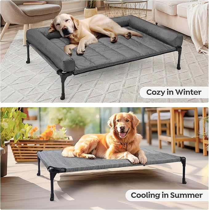 Veehoo Cooling Elevated Dog Bed Add Removable Waterproof Bolster Cushion Mat, Raised Pet Cot with Breathable Teslin Mesh, No-Slip Feet, Dog Sofa Bed for Indoor Outdoor, Medium, Black Silver