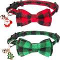 ADOGGYGO Christmas Cat Collars Breakaway with Cute Bow Bell - 2 Pack Red Green Plaid Kitten Collar with Removable Bowtie Christmas Collar for Cats Kittens