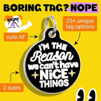 Bad Tags Personalized Dog and Cat ID Tags in 25+ Designs and 2 Sizes - 5 Lines of Custom Engraved Text - Funny Cute Personalized Pet Tags (I'm The Reason We Can't Have Nice Things, Large (1.25 inch))