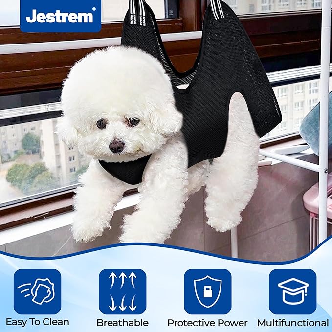 Pet Grooming Hammock for Cats & Dogs, Breathable Mesh Dog Hanging Harness for Nail Trimming, Grooming, Bathing Includes S Hooks, Dog Hammock/Grooming Sling, Pet Grooming Sling Helper(Black,M)