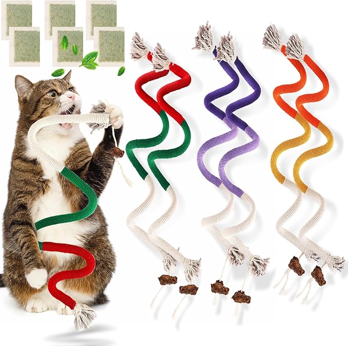 6 PCS XL Cat Toys Chew Ropes, 27.56 Inches Cat Chew Rope Toy for Teeth Cleaning, Safe Catnip Toys for Cats Rope Chew Toy (6 Bags of Catnip Included)