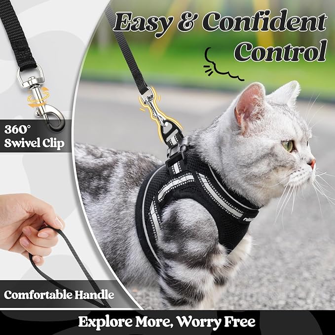 rabbitgoo Cat Harness and Leash Set for Walking Escape Proof, Adjustable Soft Kittens Vest with Reflective Strip for Cats, Comfortable Outdoor Vest, Black, S