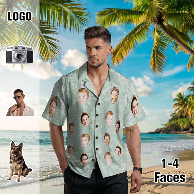 Custom Hawaiian Shirt with Face for Men, Unisex Tropical Beach Shirts Personalized Casual Funny Hawaii Button Down Shirts