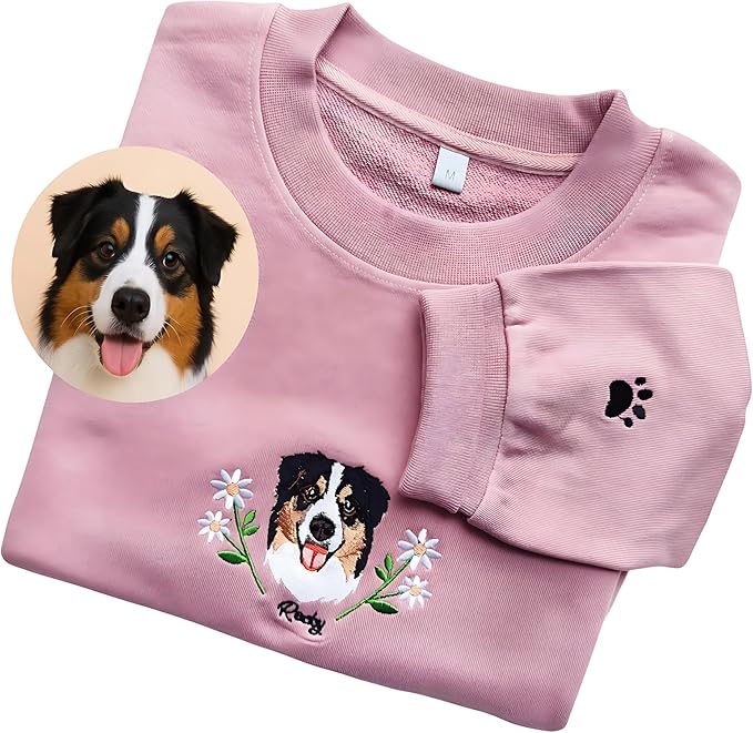 Personalized Dog Face Embroidered Sweatshirt Custom Pet Portrait From Photo Floral Stitch Design Unisex Crewneck Pullover Thoughtful Gift For Dog Lovers Pet Parents