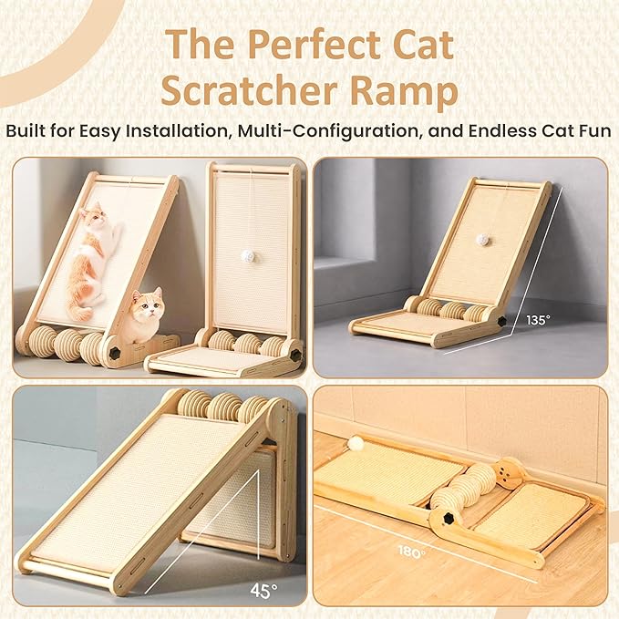 Sisal Adjustable Cat Scratch Ramp for Indoor Cats - 25.6 Inch Cat Scratcher Ramp - Cat Scratching Post, Medium
