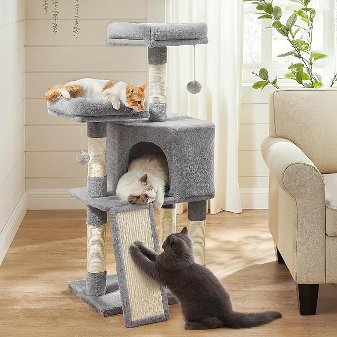 Feandrea Cat Tree, 45.3-Inch Cat Tower, Plush Condo with Scratching Post, Ramp, Perch, Spacious Cave, for Small Space, Light Gray UPCT141W01