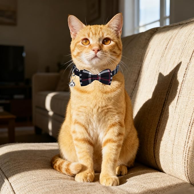 Cat Collar 3pcs Set Classical Plaid Tartan Grid Pattern Detachable Bowtie & Bell Safety Breakaway for Cats Kittens Blue Brown Black