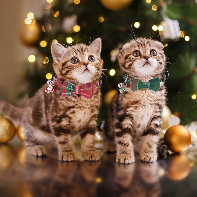 ADOGGYGO Christmas Cat Collars Breakaway with Removable Bow Tie Bell, 2 Pack Red Green Plaid Christmas Bow Collar for Cats Kittens