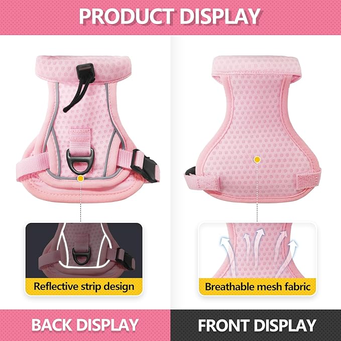 Cat Harness and Leash Set - Escape Proof, Adjustable Breathable Vest Harnesses with Reflective Strips, Easy Control & Secure Walking for Small Medium Large Cats Kitten Collar (Pink, Large)