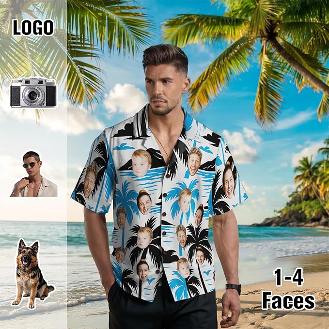 Custom Hawaiian Shirt with Face for Men, Unisex Tropical Beach Shirts Personalized Casual Funny Hawaii Button Down Shirts