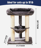 Happi N Pets 28" Cat Tree Tower, Tall Cat Scratching Post with Soft Perch for Window Viewing, Large Bed for Big Cats, Stable & Compact Cat Tower with Hammock, Removable Cover-Gray