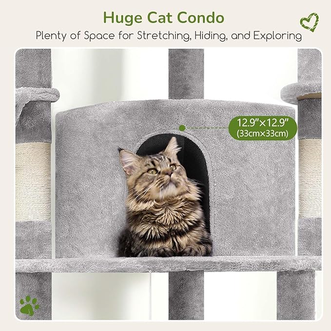 Globlazer Corner Cat Tree Tower for Indoor Cats, 51in Multi-Level Cat Condo Tower with Large Hammock, 7 Sisal Scratching Posts, Oversized Top Perch, Spacious Cat Cave, Hanging Basket, C51, Light Gray