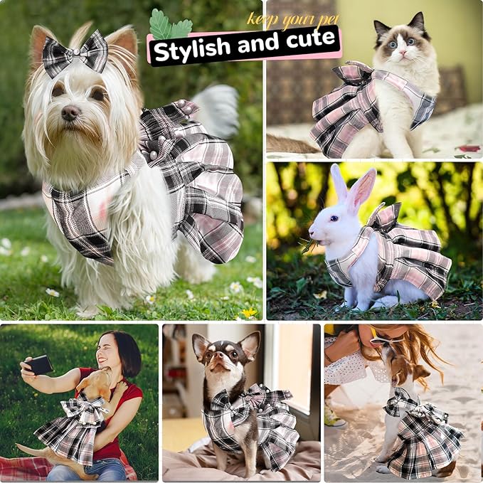 PETCARE Cute Dog Dress Clothes for Small Dogs Cats Girl Female Pink Plaid Bow Tie Dog Harness Dresses Leash Set with Pearls Bow Accessories Birthday Puppy Dress Shih Tzu Yorkies Chihuahua Outfits