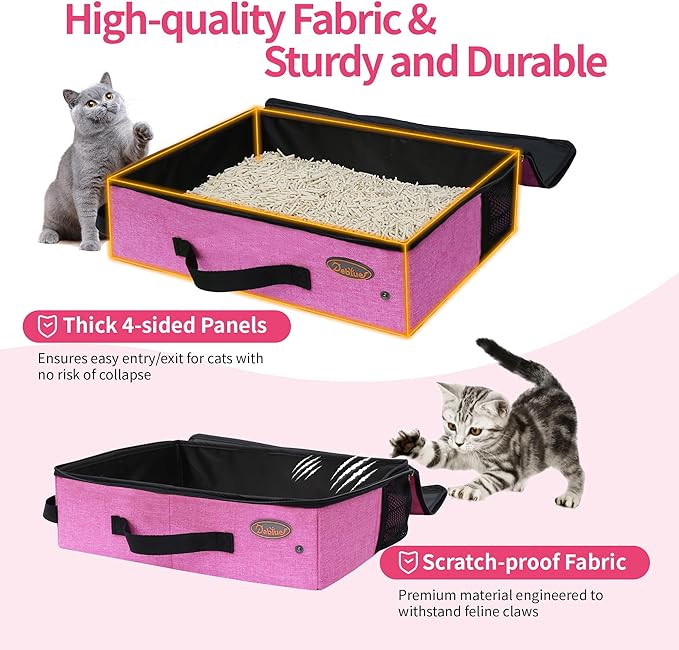 Deblue Portable Cat Travel Litter Box in Car, Collapsible Cat Litter Carrier with Lid, Waterproof Foldable Litter Box for Outdoor Fit for Large Cats, Leak-Proof, Sturdy, Lightweight-Pink