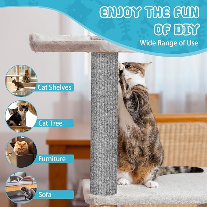 Climbing Cat Scratcher Mat Trimmable Cat Scratching Post Carpet 157.4’’x15.8’’ Self Adhesive Carpet Mat Pad Replacement for Cat Tree Shelves Post Couch Wall Furniture Steps DIY Protector (Light Gray)