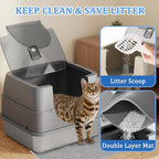 Enclosed Cat Litter Box with Flip-Top Lid, Stainless Steel Large Covered Litter Box, High Sided Metal Litter Pan with Litter Scoop & Mat, Odor Control, Leak Proof, Easy Cleaning, White
