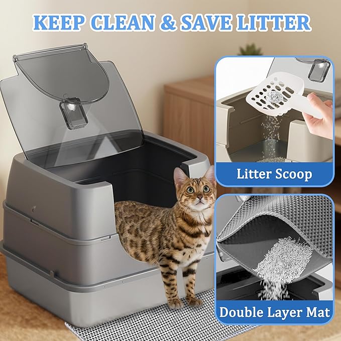 Enclosed Cat Litter Box with Flip-Top Lid, Stainless Steel Large Covered Litter Box, High Sided Metal Litter Pan with Litter Scoop & Mat, Odor Control, Leak Proof, Easy Cleaning, White