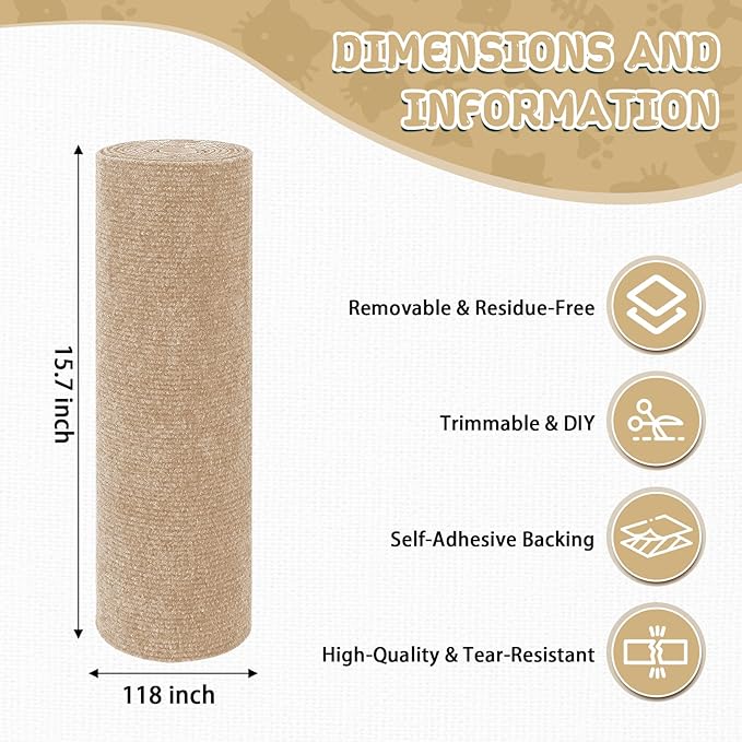 Climbing Cat Scratcher Mat Trimmable Cat Scratching Post Carpet 118’’x15.8’’ Self Adhesive Carpet Mat Pad Replacement for Cat Tree Shelves Post Couch Wall Furniture Steps DIY Protector (Beige)